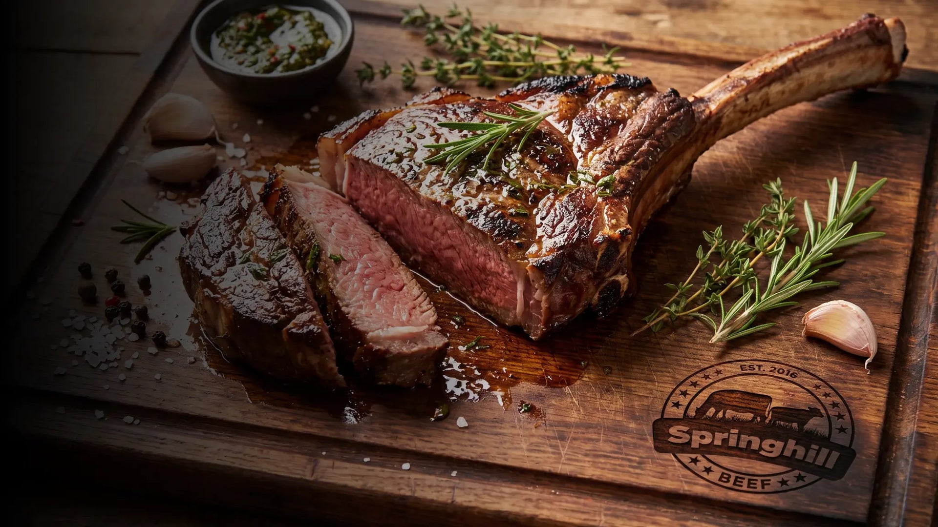 A cooked tomahawk steak with one slice cut, resting on a wooden cutting board with rosemary, garlic, and a small bowl of sauce. The Springhill Beef logo is printed on the board.